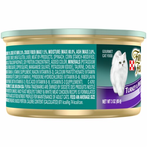 Fancy Feast Medleys Turkey & White Meat Chicken Recipe Wet Cat Food Perspective: left