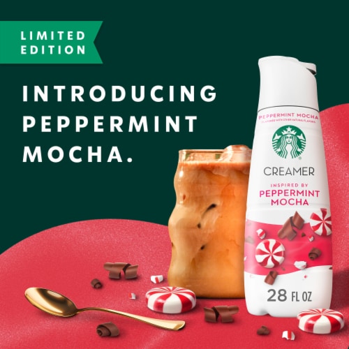 Starbucks Peppermint Mocha Flavored Coffee Creamer Inspired by Peppermint Mocha Latte Perspective: left