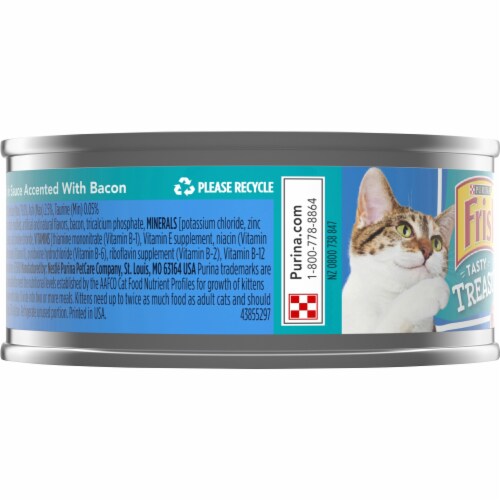 Friskies Tasty Treasures Ocean Fish with Bacon in Sauce Wet Cat Food Perspective: left