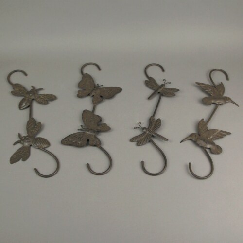 Set of 4 Rustic Metal Hook Plant Hangers Hummingbird, Bee, Butterfly, Dragonfly Perspective: left