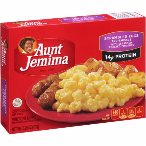 Aunt Jemima Scrambled Eggs & Sausage with Seasoned Roasted Potatoes Perspective: left