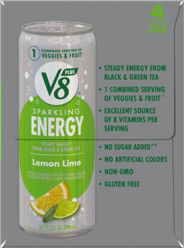 V8® +Energy Sparkling Lemon Lime Juice Energy Drink Cans Perspective: left