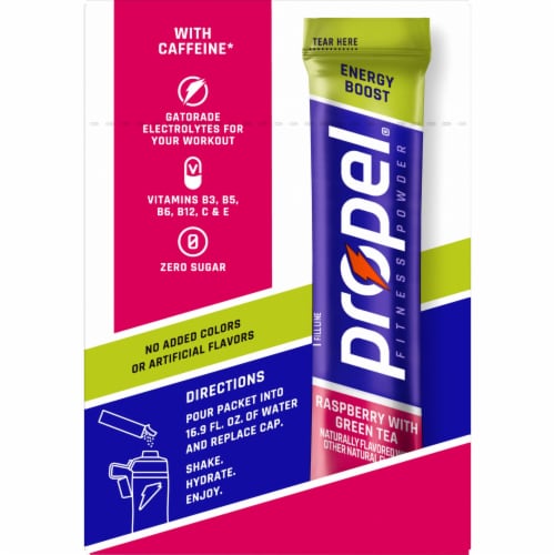 Propel Energy Boost Zero Sugar Electrolyte Water Beverage Mix Raspberry with Green Tea Perspective: left