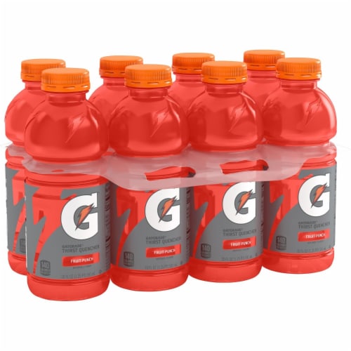 Gatorade Thirst Quencher Red Fruit Punch Electrolyte Enhanced Sports Drink Perspective: left
