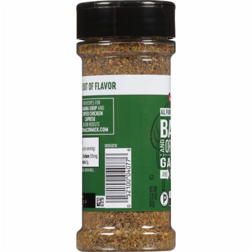 McCormick Basil Oregano Garlic and Sea Salt All Purpose Seasoning Shaker Perspective: left