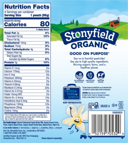 Stonyfield Organic Kids Zero Grams Added Sugar Banilla Whole Milk Yogurt, 3.5 oz Pouches, 4 ct Pack Perspective: left