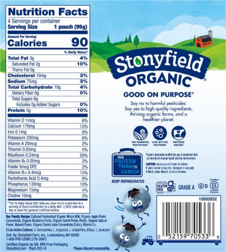 Stonyfield Organic Kids Zero G Added Sugar Whole Milk Yogurt Pouches, Blueberry Apple Carrot Perspective: left