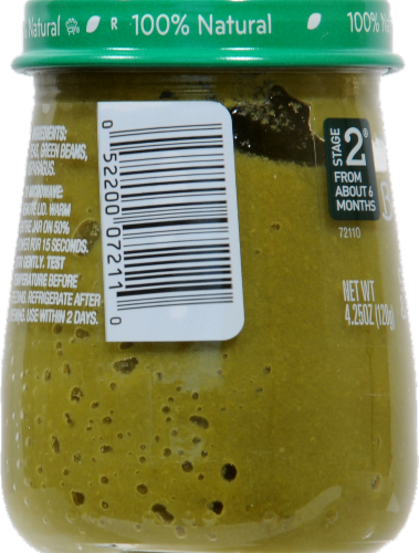 Beech-Nut Stage 2 Just Peas Green Beans and Asparagus Baby Food Jar Perspective: left
