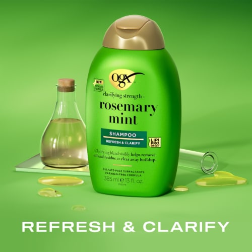 OGX Clarifying Strength + Rosemary Mint Shampoo, Visibly Helps Remove Oil, Sulfate-Free Surfactants Perspective: left