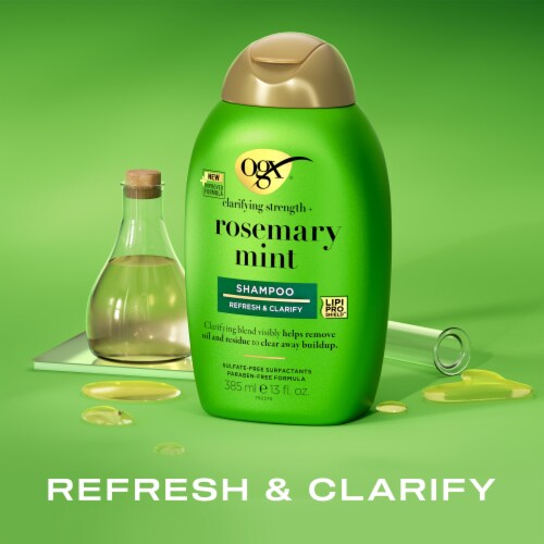 OGX Clarifying Strength + Rosemary Mint Shampoo Visibly Helps Remove Oil Sulfate-Free Surfactants Perspective: left