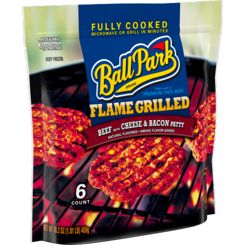 Ball Park® Frozen Fully-Cooked Flame Grilled Beef with Cheese and Bacon Patties Perspective: left