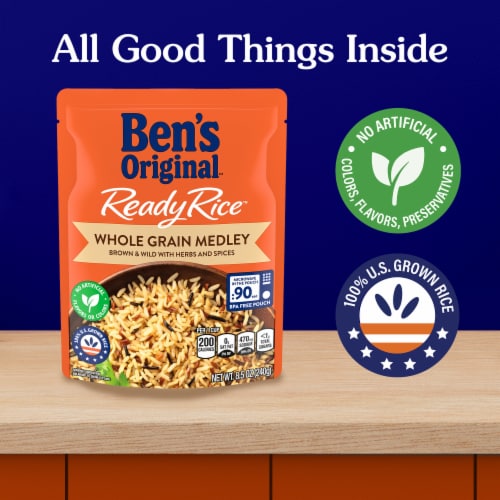 Ben's Original Ready Rice Whole Grain Medley Flavored Rice, Easy Dinner Side, 8.5 oz Pouch Perspective: left