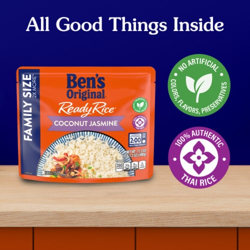 Ben's Original Ready Rice Coconut Jasmine Family Size Rice, Easy Dinner Side, 17.3 oz Pouch Perspective: left