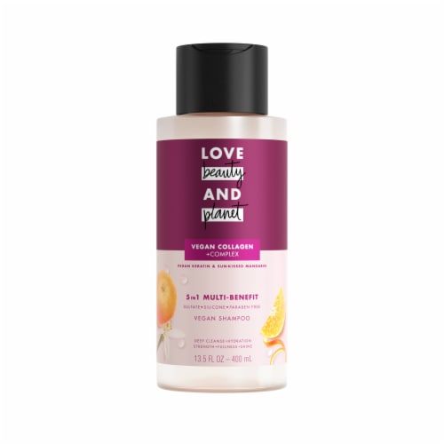 Love Beauty and Planet Vegan Keratin & Sun-Kissed Mandarin 5-in-1 Sulfate Free Shampoo Perspective: left