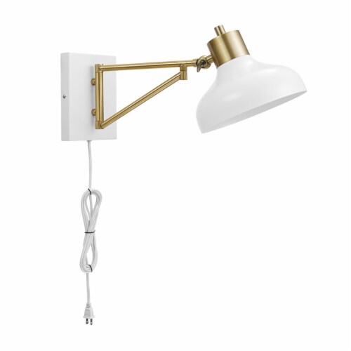 Berkeley 1-Light Plug-In or Hardwire Swing Arm Wall Sconce, White, Brass Accents Perspective: left