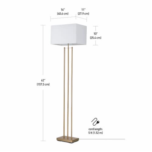 Globe Electric Matte Brass Floor Lamp with White Linen Shade Perspective: left