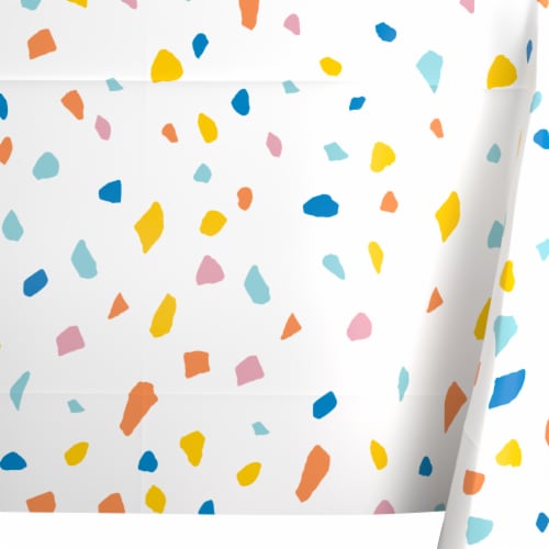 American Greetings Plastic Table Cover- White with Colorful Confetti Perspective: left