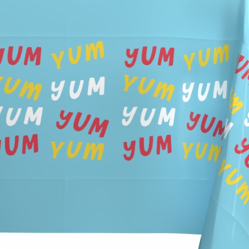 American Greetings Plastic Table Cover - Blue With Colorful "Yum" Perspective: left