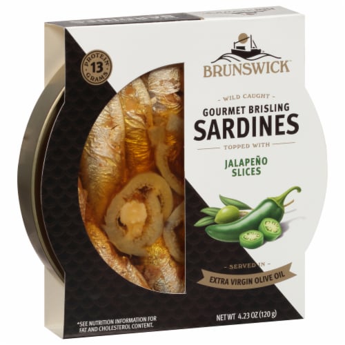 Brunswick™ Wild Caught Gourmet Brisling Sardines Topped with Jalapeno Slices Perspective: left