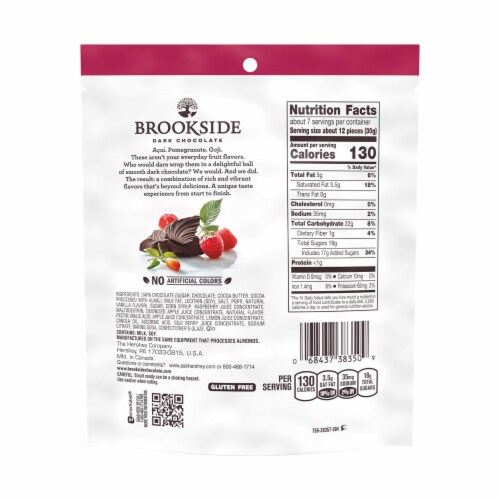 BROOKSIDE Dark Chocolate Goji and Raspberry Flavored Snacking Chocolate Bag Perspective: left