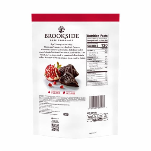 BROOKSIDE Dark Chocolate and Pomegranate Flavored Snacking Chocolate Bag Perspective: left