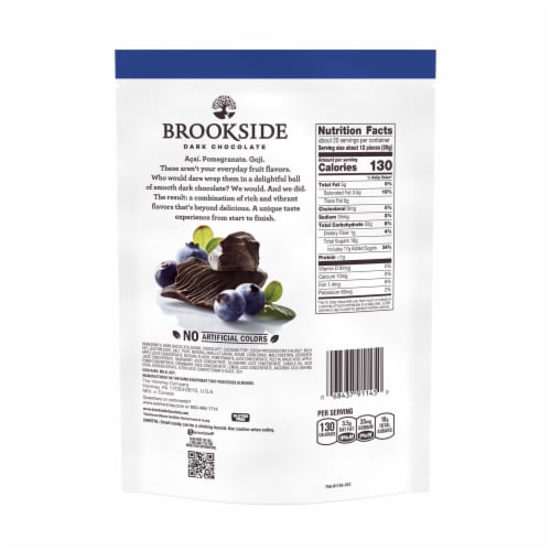 BROOKSIDE Dark Chocolate Acai and Blueberry Flavored Snacking Chocolate Bag Perspective: left