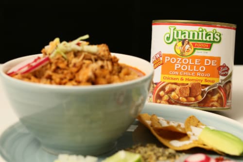 Juanita's Foods Ready to Serve Chicken Pozole with Red Chile Soup, 25 oz can Perspective: left