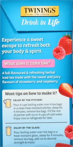 Twinings® Strawberry & Raspberry Unsweetened Herbal Iced Tea Pitcher Bags Perspective: left