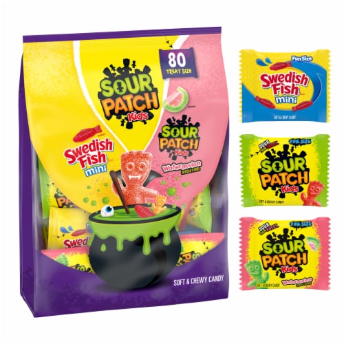 SOUR PATCH KIDS and SWEDISH FISH Mini Halloween Candy Variety Pack Perspective: left