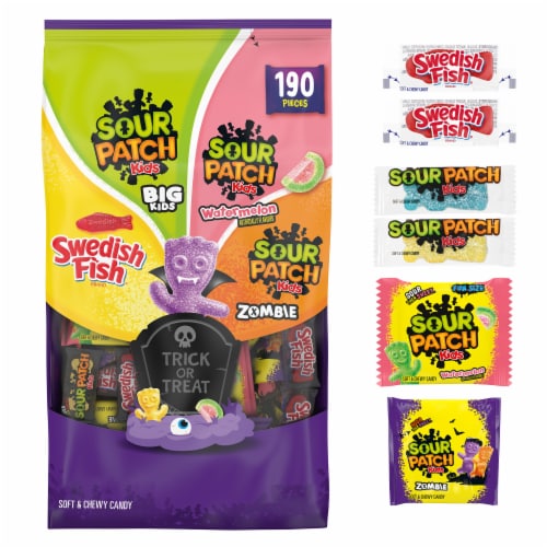 SOUR PATCH KIDS and SWEDISH FISH Soft & Chewy Halloween Candy Variety Pack Perspective: left