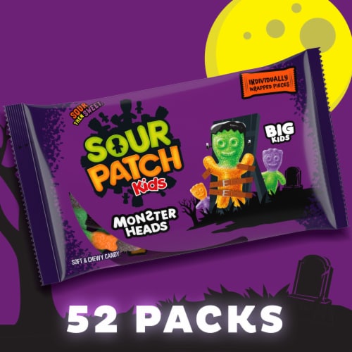 SOUR PATCH KIDS Big Kids Monster Heads Individually Wrapped Soft & Chewy Halloween Candy Perspective: left