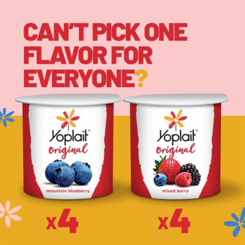 Yoplait Original Mountain Blueberry and Mixed Berry Low Fat Yogurt Cups Perspective: left