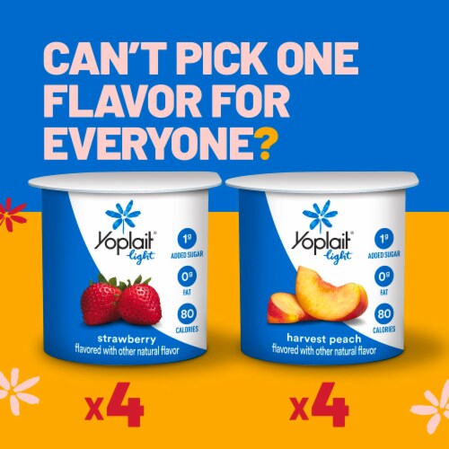 Yoplait Light Fat Free Strawberry and Harvest Peach Yogurt Pack Perspective: left