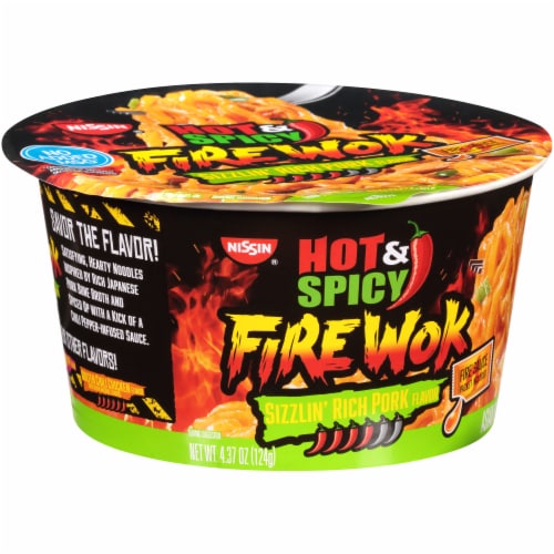 Nissin® Hot & Spicy Fire Wok Sizzlin' Rich Pork Flavor Stir Fry Asian Noodles in Sauce Perspective: left