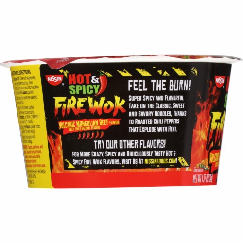 Nissin® Hot & Spicy Fire Wok Volcanic Mongolian Beef Noodles Cup Perspective: left