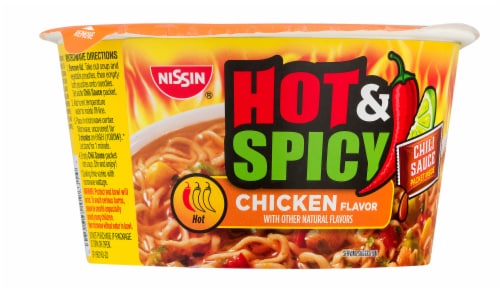 Nissin Hot & Spicy Chicken Flavor Ramen Noodle Soup Perspective: left