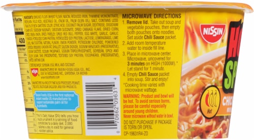 Nissin Hot & Spicy Chicken Flavor Ramen Noodle Soup Bowl Perspective: left