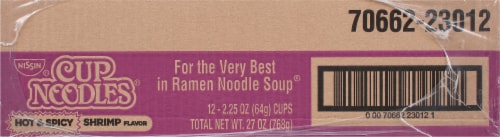 Nissin Cup Noodles Hot & Spicy Shrimp Flavor Ramen Noodle Soup Perspective: left
