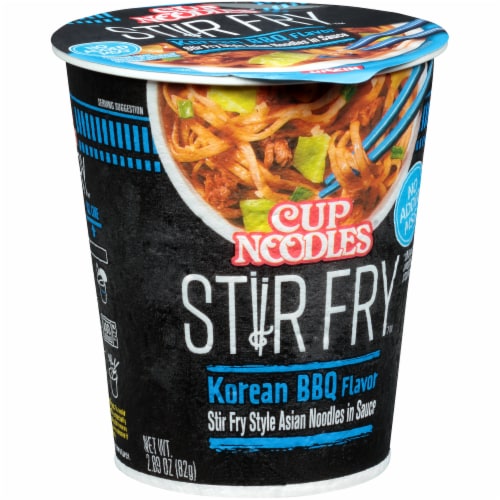 Nissin Cup Noodles Stir Fry Korean BBQ Flavor Asian Noodles in Sauce Perspective: left