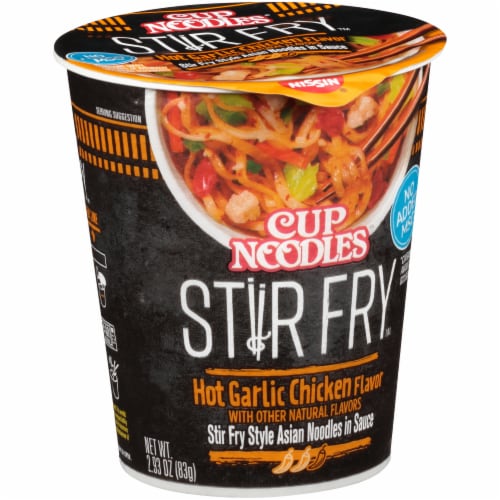 Cup Noodles Stir Fry Hot Garlic Chicken Stir Fry Style Asian Noodles in Sauce Perspective: left