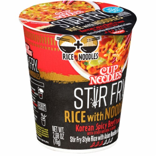 Nissin Cup Noodles Stir Fry Korean Spicy Beef Flavor Rice with Noodles Perspective: left