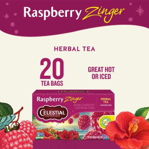 Celestial Seasonings Caffeine Free Raspberry Zinger Herbal Tea Perspective: left