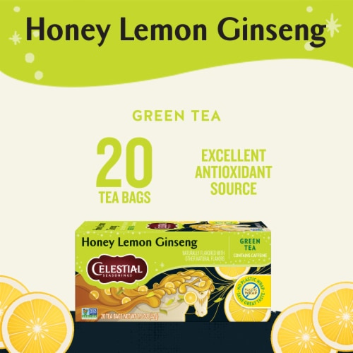 Celestial Seasonings Caffeinated Honey Lemon Ginseng Green Tea Perspective: left
