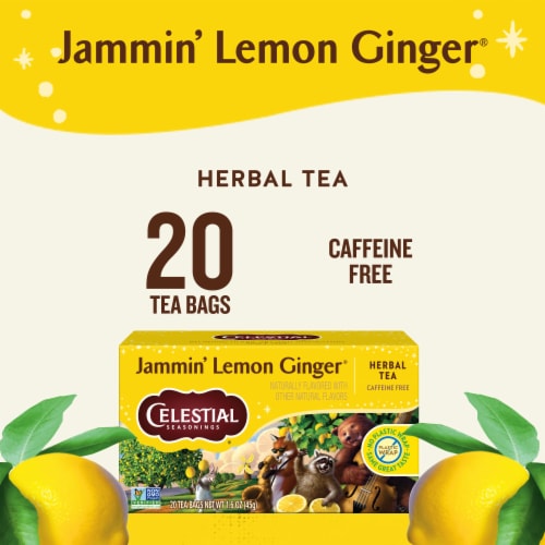 Celestial Seasonings Caffeine Free Jammin' Lemon Ginger Herbal Tea Perspective: left