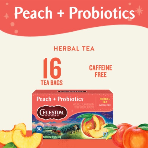 Celestial Seasonings Caffeine Free Peach + Probiotics Herbal Tea Perspective: left
