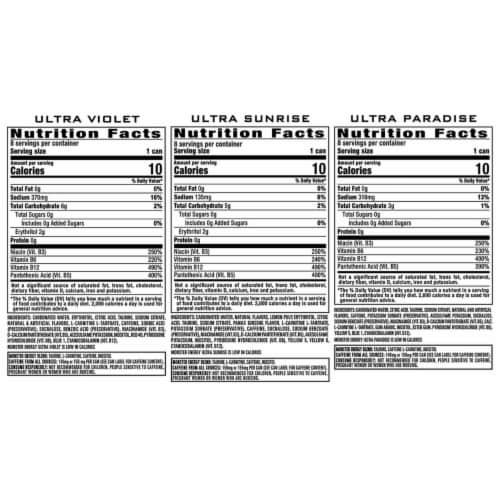 Monster Energy Ultra Variety Pack, Sunrise, Violet, Paradise, 16 Fl Oz (24 Pack) Perspective: left