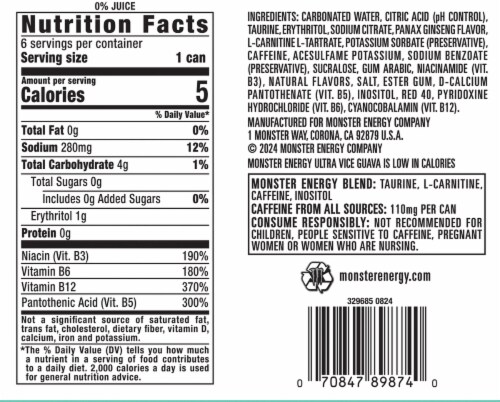 Monster® Zero Sugar Ultra Vice Guava Energy Drink Multipack Cans Perspective: left
