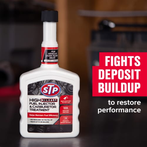 STP High Mileage Fuel Injector Cleaner and Carburetor Cleaner Treatment Perspective: left
