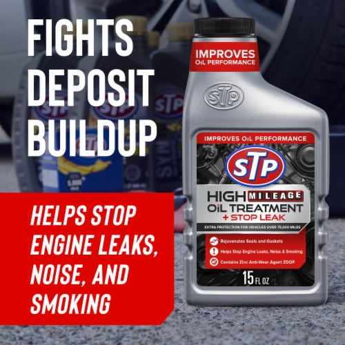 STP High Mileage Oil Treatment + Stop Leak Perspective: left