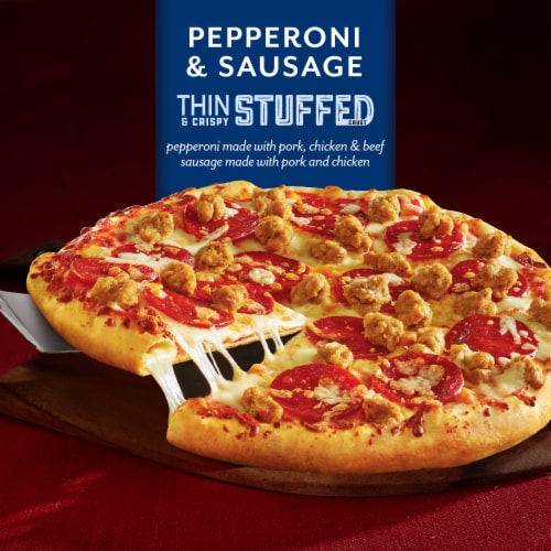 DiGiorno Frozen Thin-Crust Pizza Thin and Crispy Stuffed Crust Pepperoni and Sausage Pizza Perspective: left